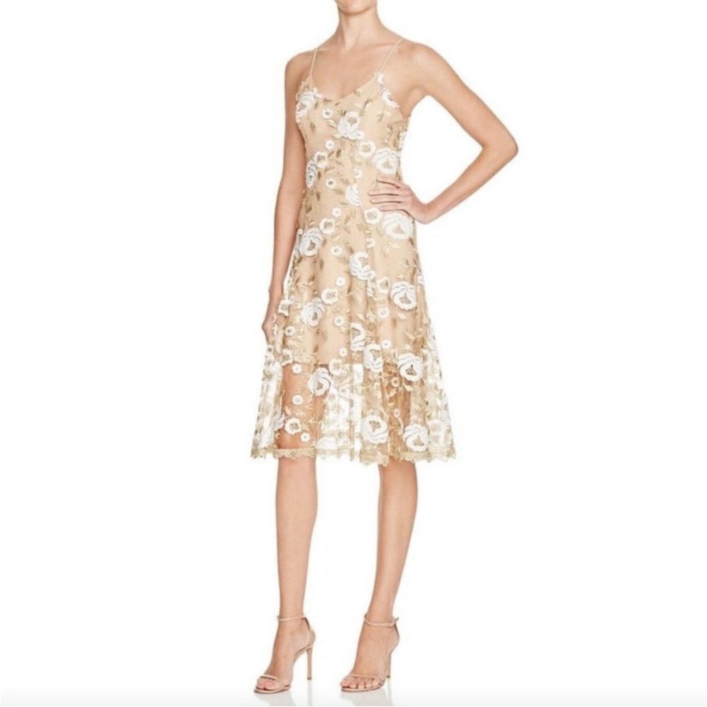 Dress The Population Anne Embroidered Floral Lace Mini Dress Taupe Gold Large